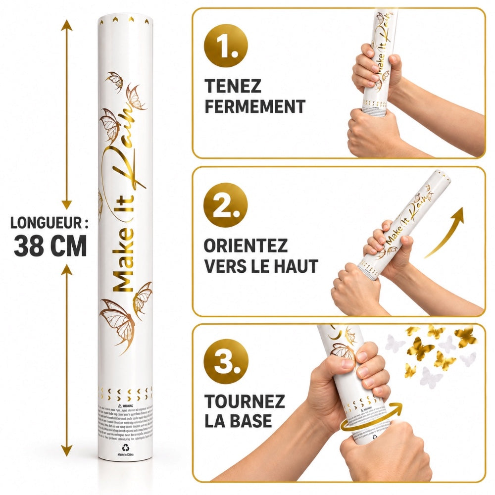 Canon à confettis Papillons Blancs et Dorés