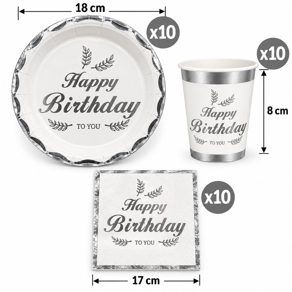 Pack Vaisselle Happy Birthday Blanc et Argenté – 30 Pièces