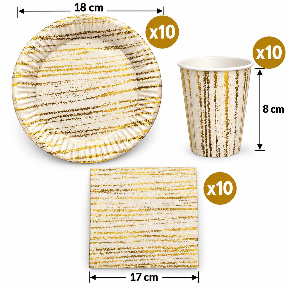 Pack Vaisselle Blanc et Doré Effet Texturé – 30 Pièces