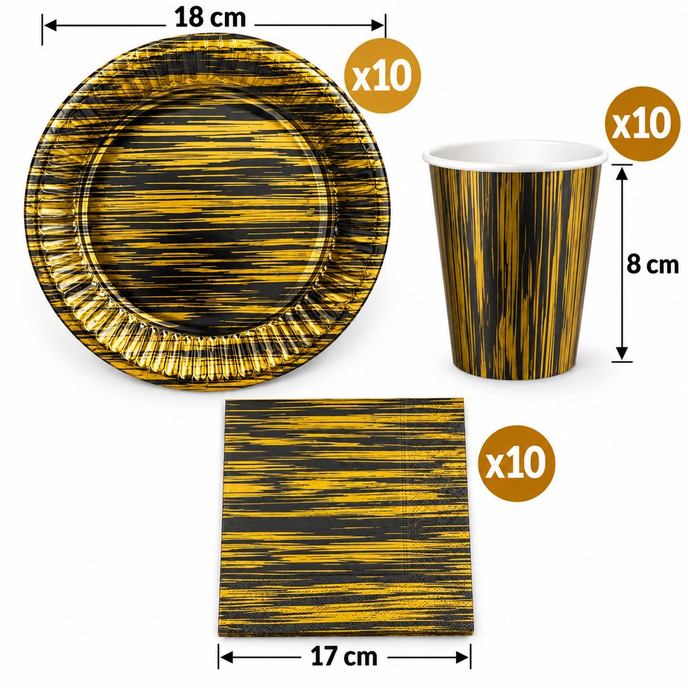 Pack Vaisselle Noir à Rayures Doré – 30 Pièces
