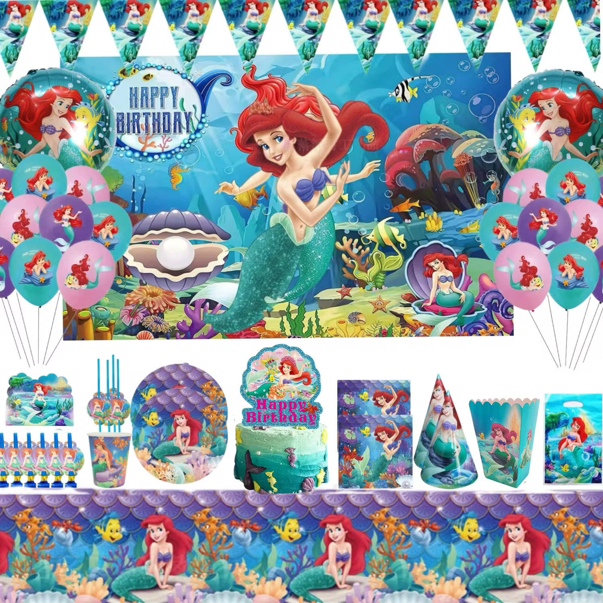 Pack Vaisselle Anniversaire La Sirène - 91 Pièces