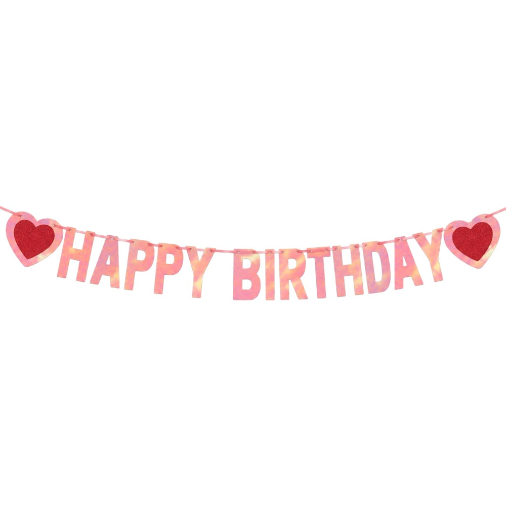 Guirlande Happy Birthday - Rose & Cœurs rouges