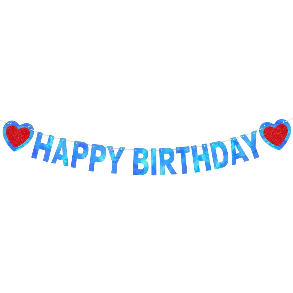 Guirlande Happy Birthday - Bleu & Cœurs rouges