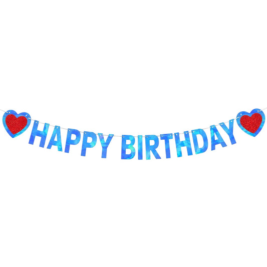 Guirlande Happy Birthday - Bleu & Cœurs rouges