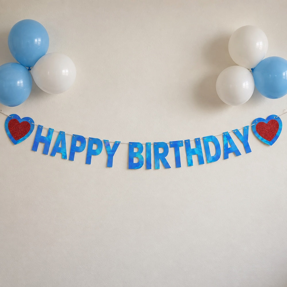 Guirlande Happy Birthday - Bleu & Cœurs rouges