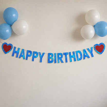 Guirlande Happy Birthday - Bleu & Cœurs rouges