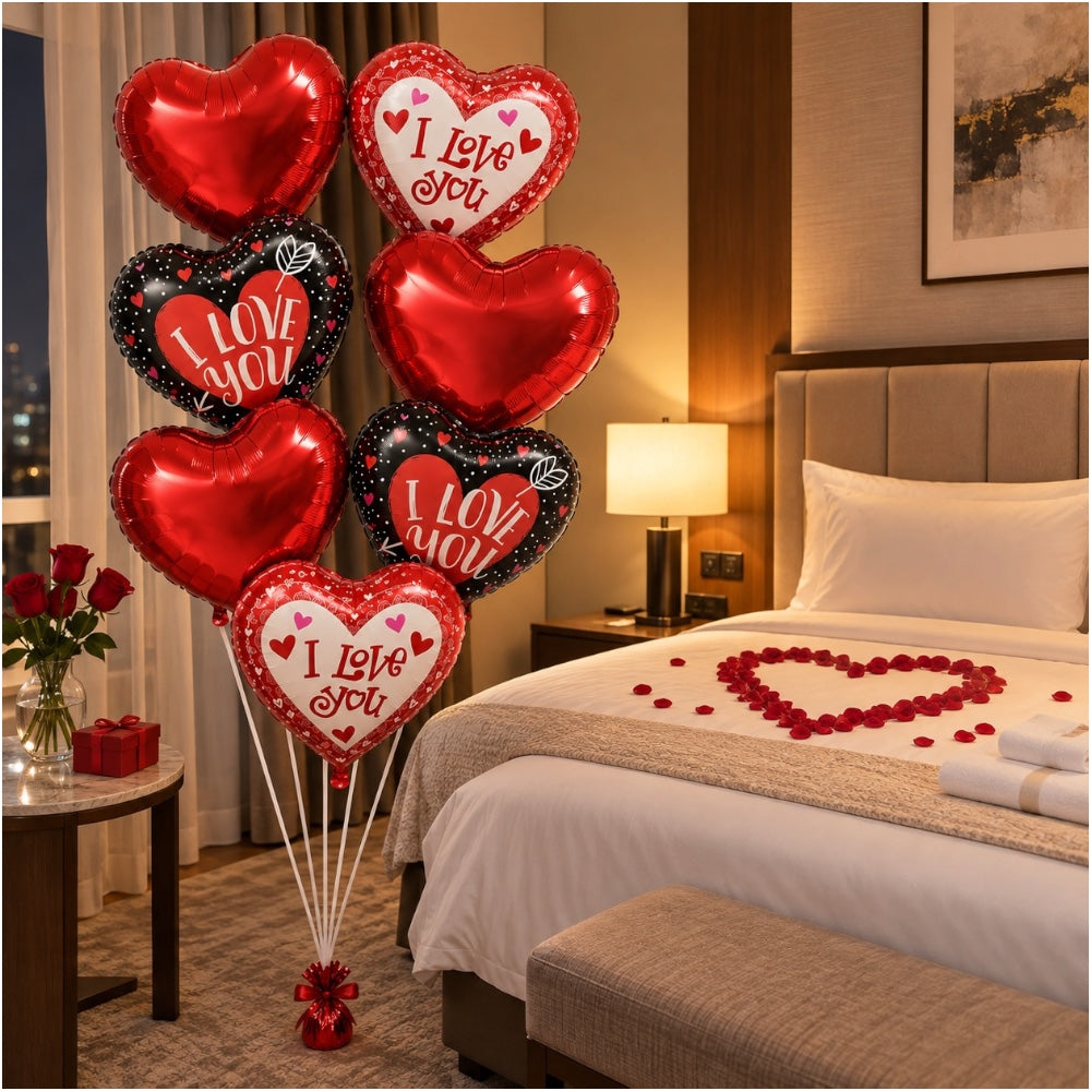 Pack 7 Ballons Cœur I Love You - Rouge et Noir