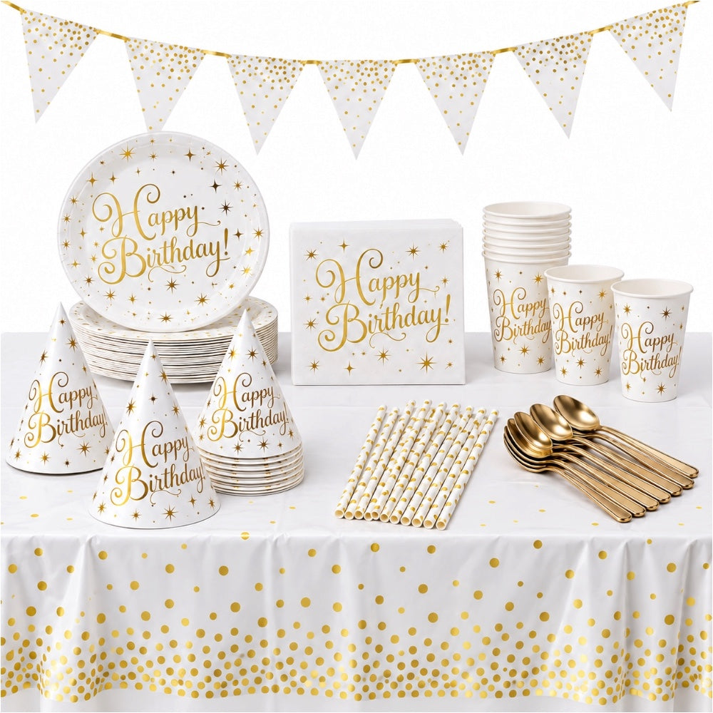 Pack Vaisselle Happy Birthday - Blanc et Doré