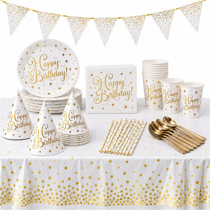 Pack Vaisselle Happy Birthday - Blanc et Doré