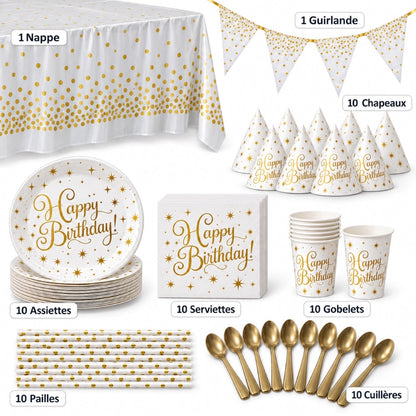 Pack Vaisselle Happy Birthday - Blanc et Doré