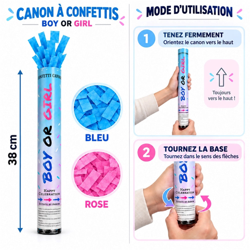 Canon à confettis Boy or Girl - Bleu ou Rose