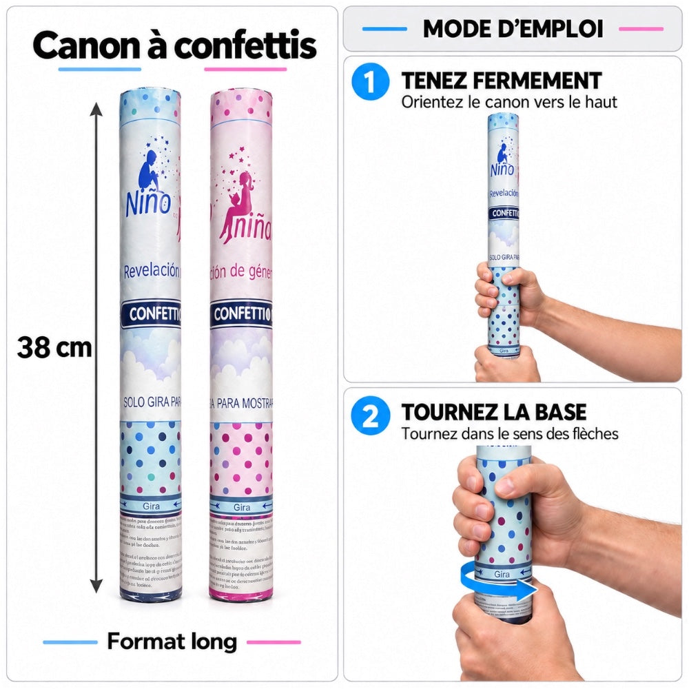 Canon à confettis Gender Reveal - Bleu ou Rose