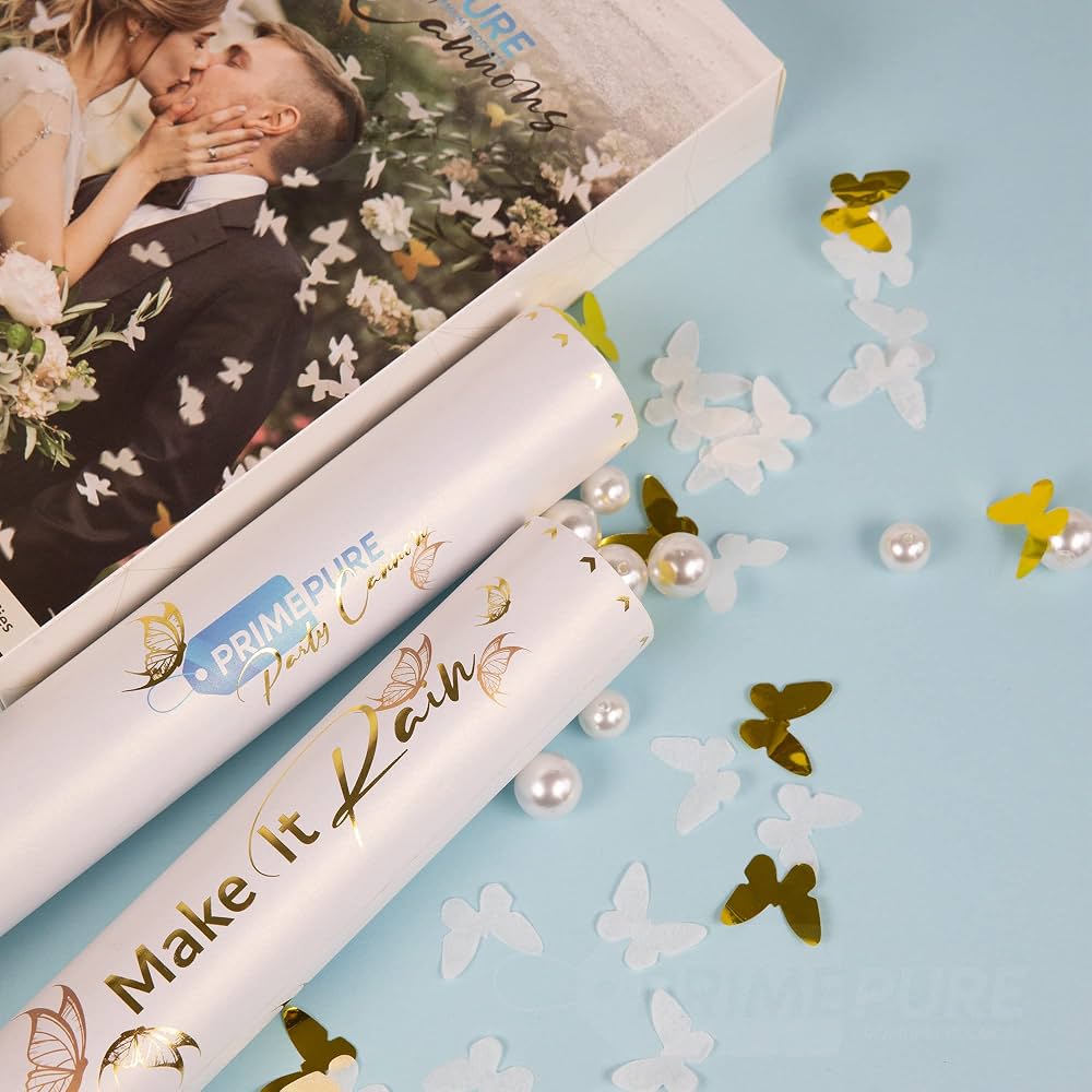 Canon à confettis Papillons Blancs et Dorés