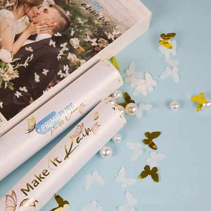 Canon à confettis Papillons Blancs et Dorés