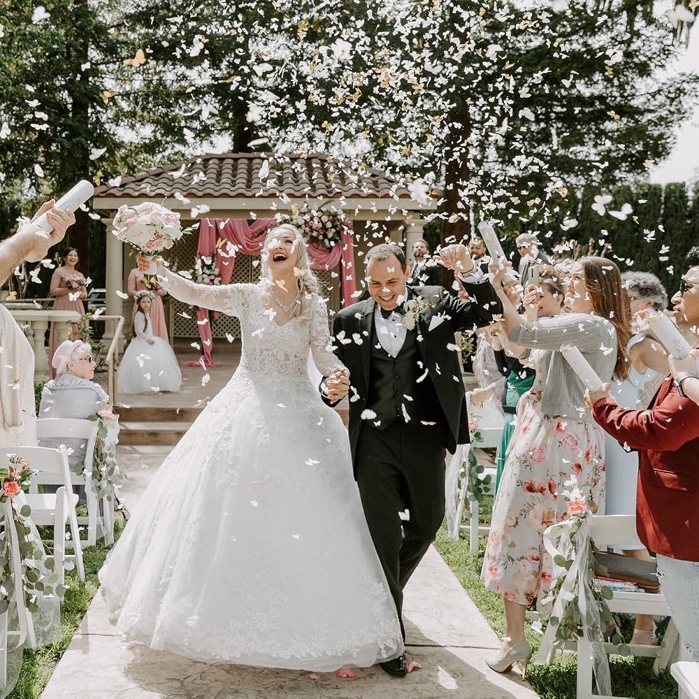 Canon à confettis Papillons Blancs et Dorés