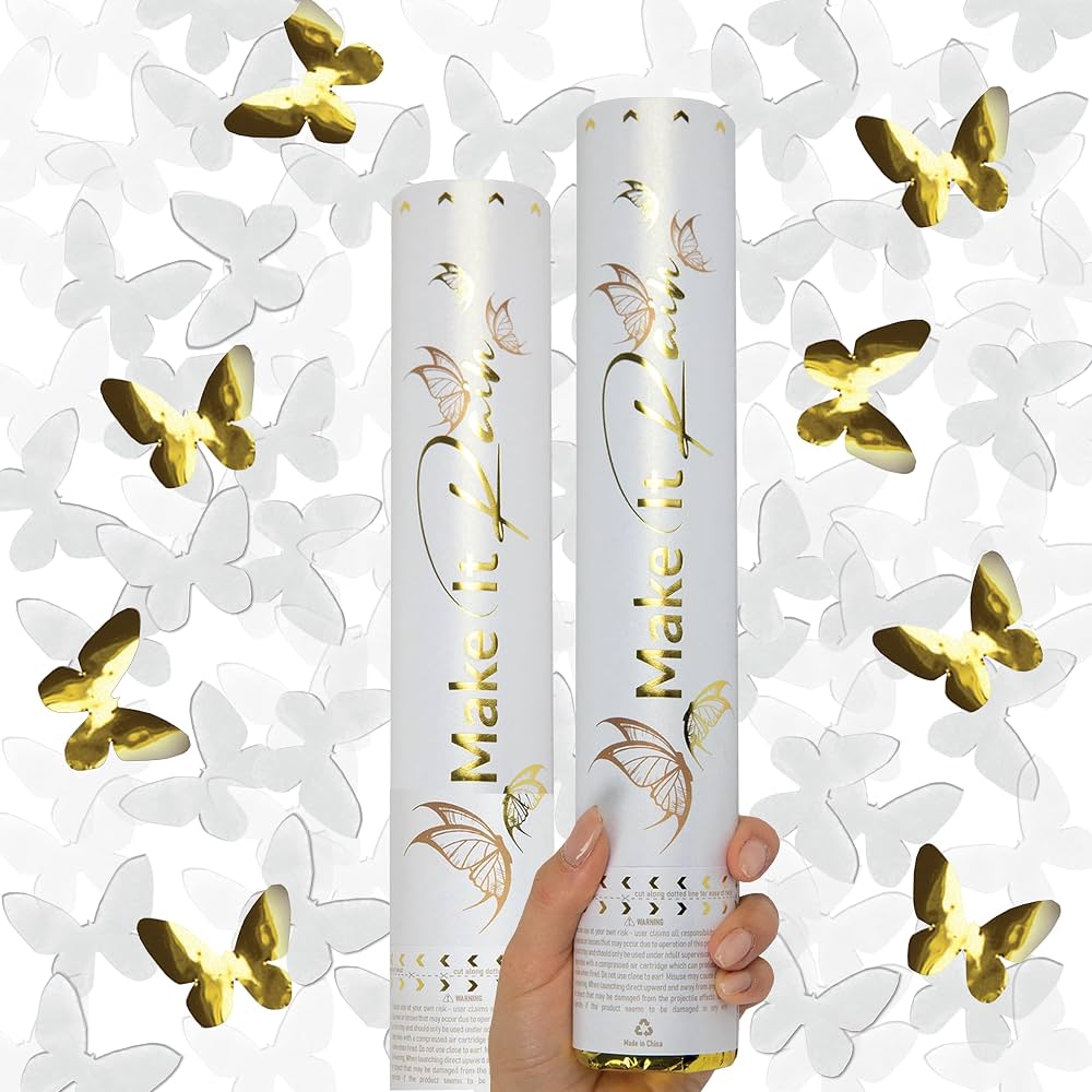 Canon à confettis Papillons Blancs et Dorés