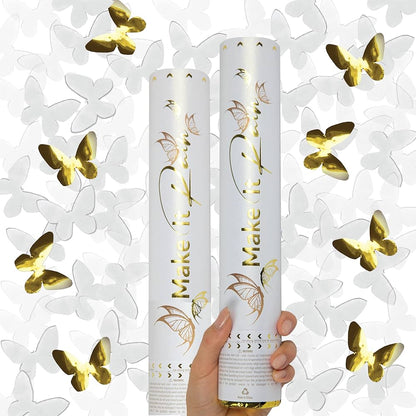 Canon à confettis Papillons Blancs et Dorés