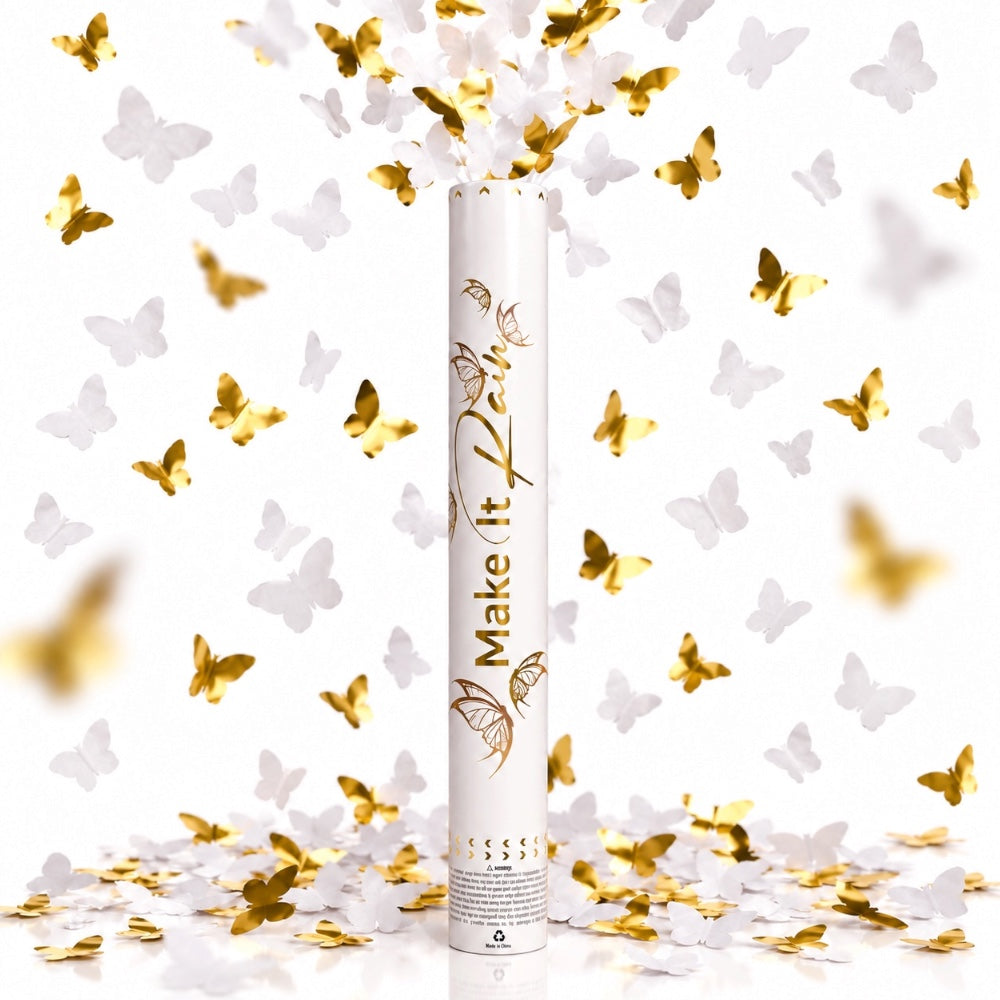 Canon à confettis Papillons Blancs et Dorés