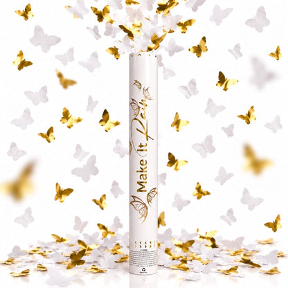 Canon à confettis Papillons Blancs et Dorés