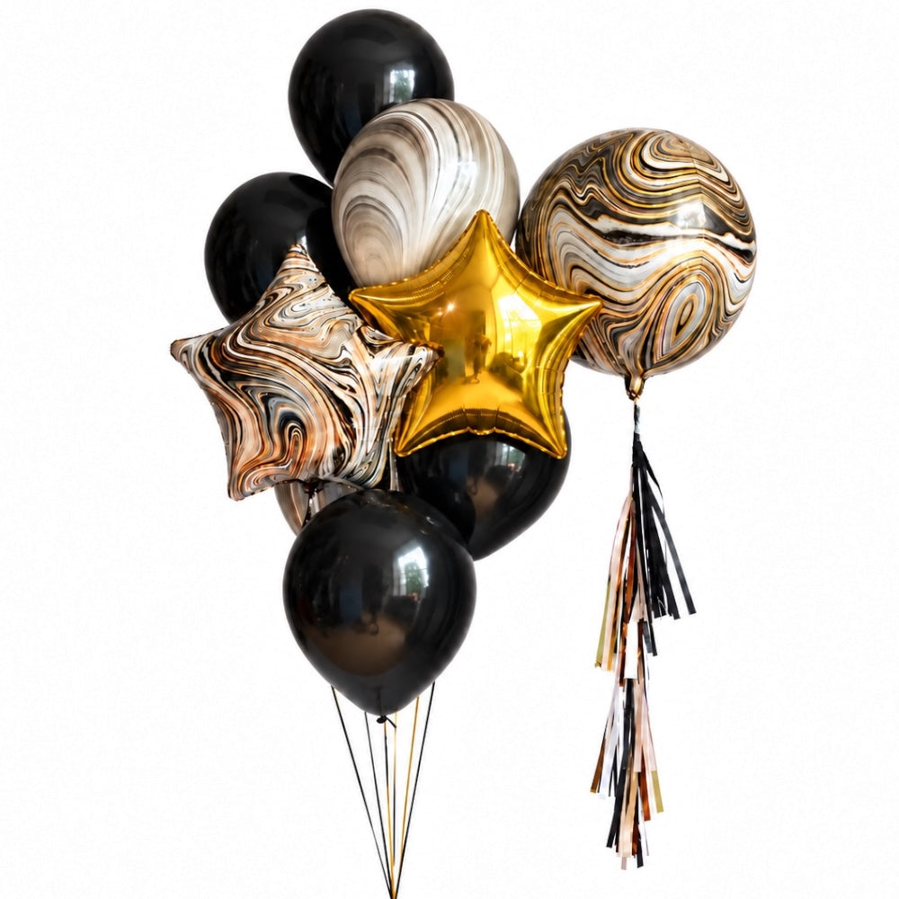 Pack de 9 Ballons Noir, Doré et Marbré