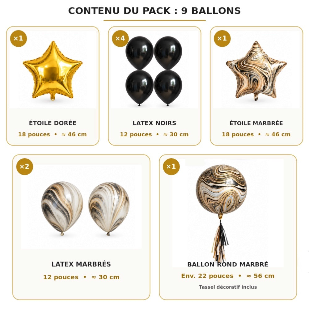 Pack de 9 Ballons Noir, Doré et Marbré