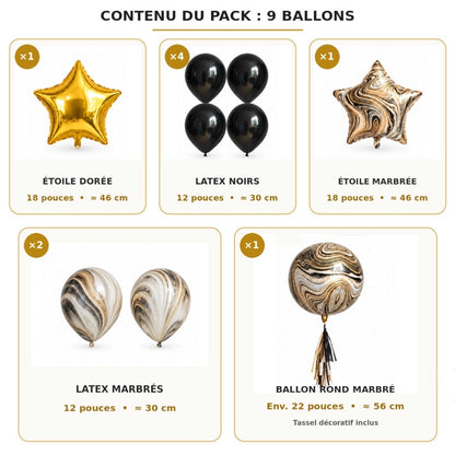 Pack de 9 Ballons Noir, Doré et Marbré