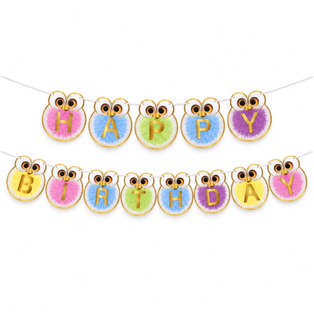 Guirlande Happy Birthday Hiboux Multicolores