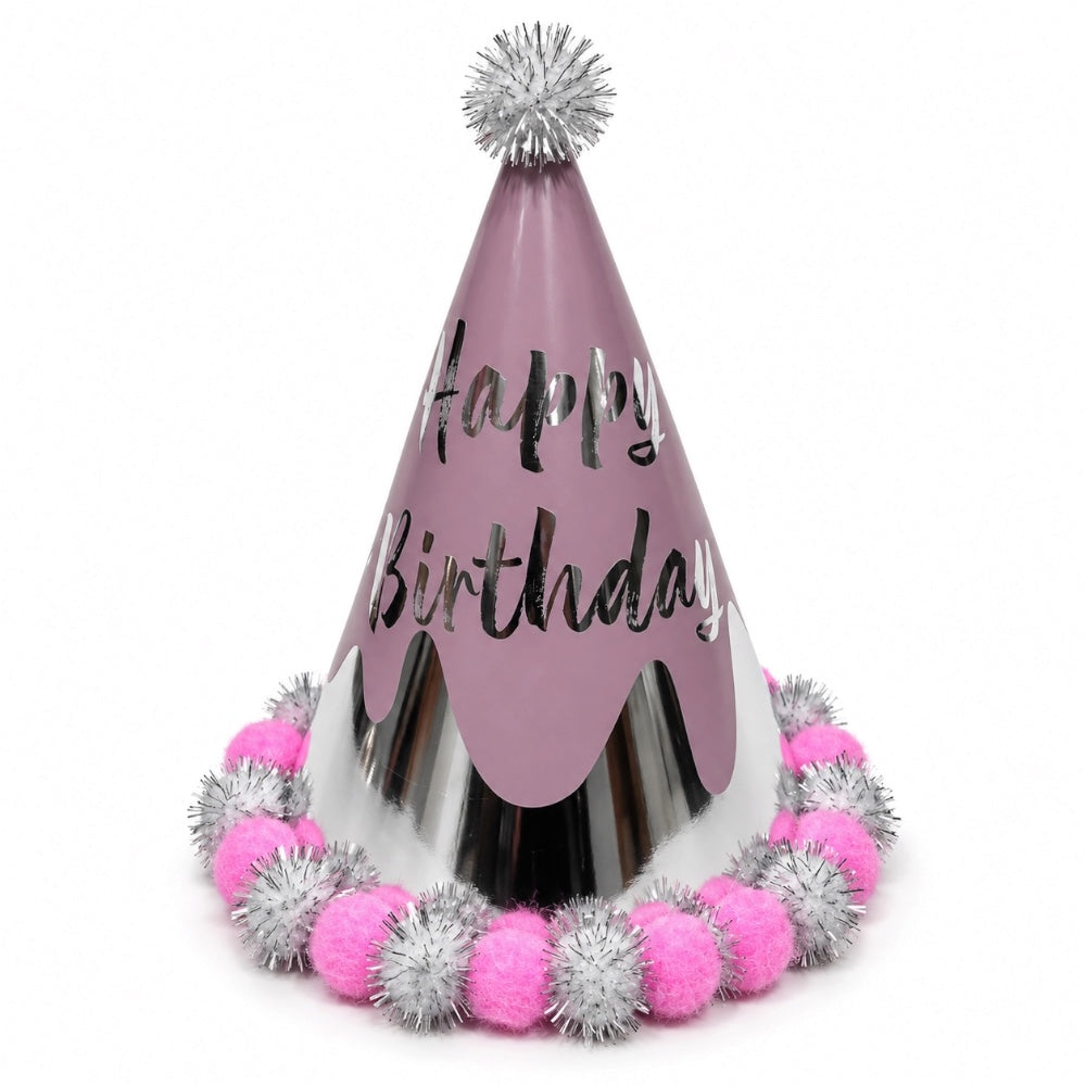 Chapeau Happy Birthday à Pompons Brillants