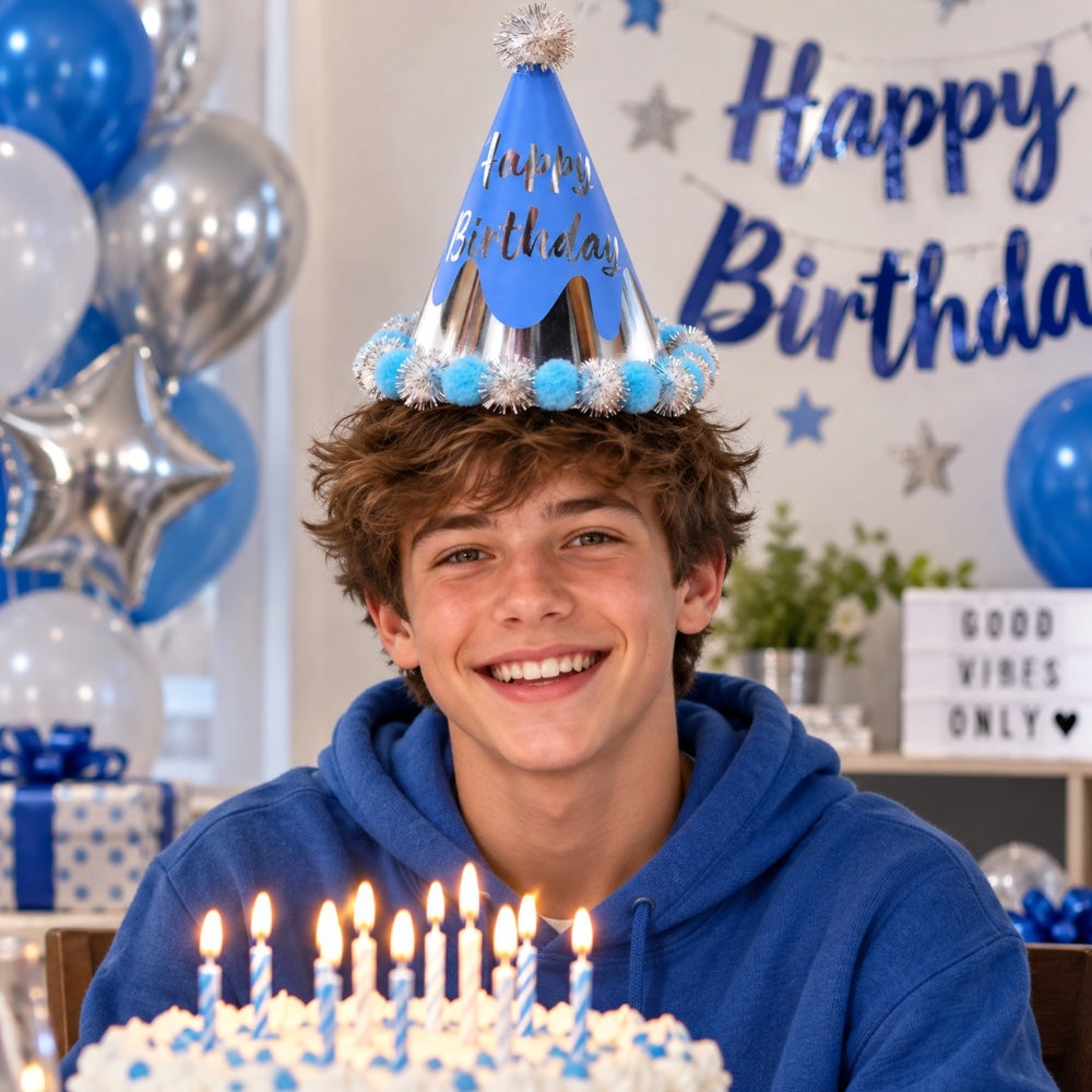 Chapeau Happy Birthday à Pompons Brillants