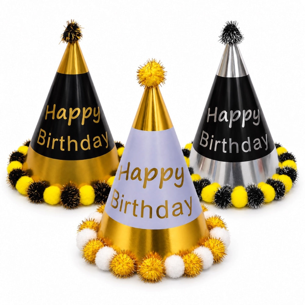 Chapeau Happy Birthday à pompons brillants