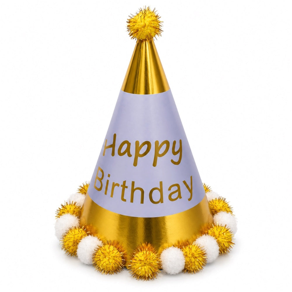 Chapeau Happy Birthday à pompons brillants