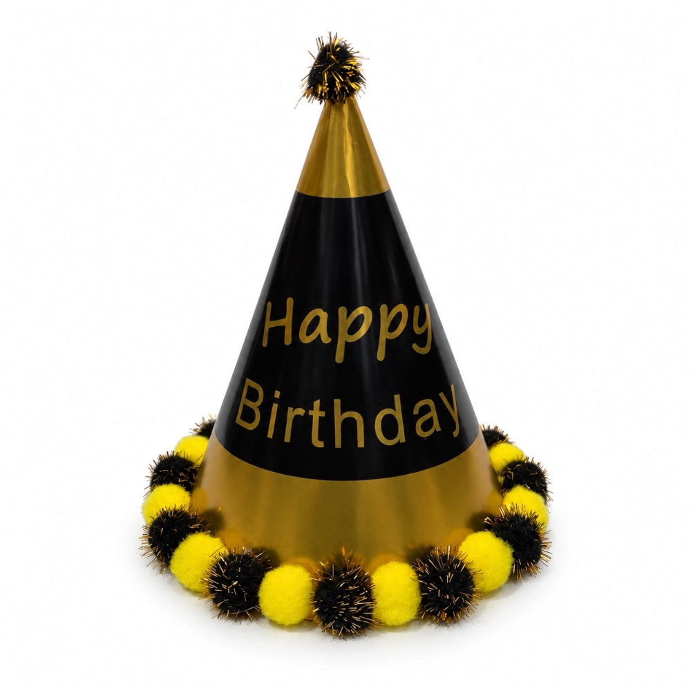 Chapeau Happy Birthday à pompons brillants