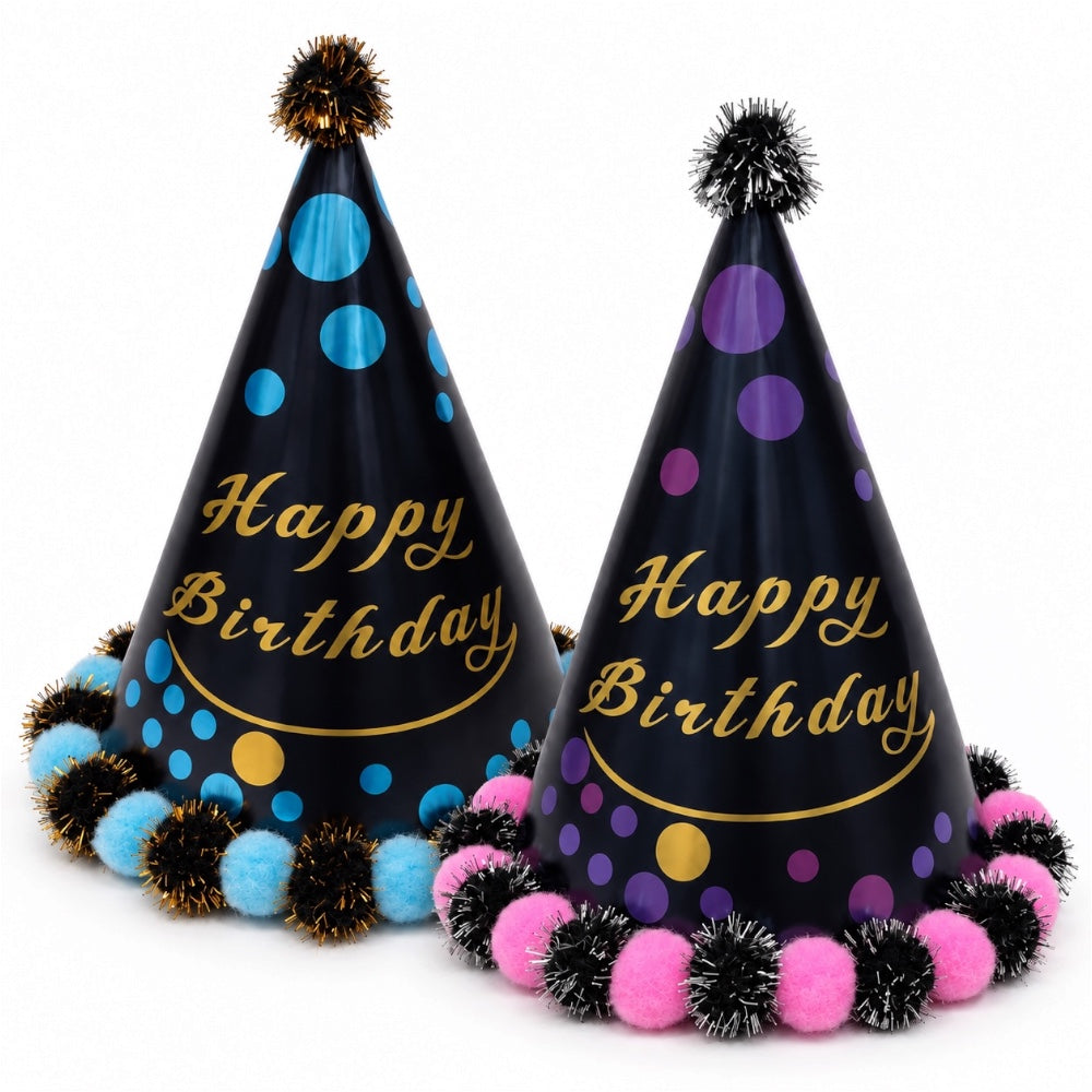 Chapeau Happy Birthday à pois et pompons brillants