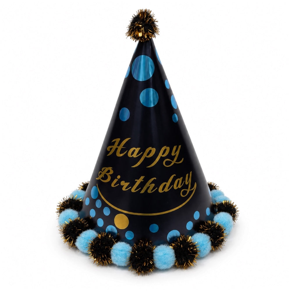Chapeau Happy Birthday à pois et pompons brillants