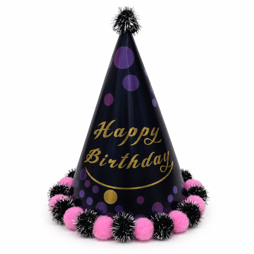 Chapeau Happy Birthday à pois et pompons brillants