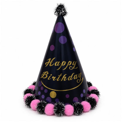 Chapeau Happy Birthday à pois et pompons brillants