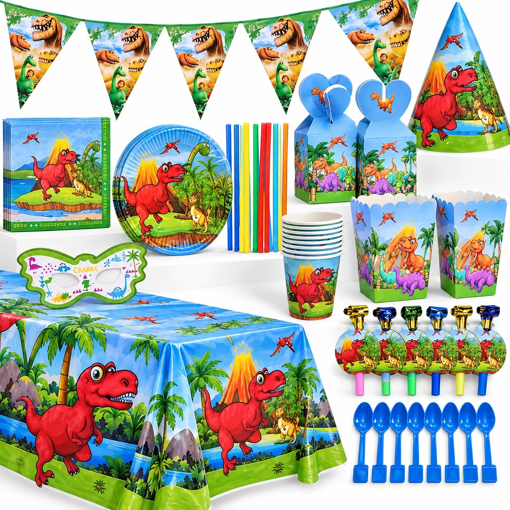 Pack Vaisselle Anniversaire Dinosaures - 102 Pièces