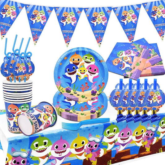 Pack Vaisselle Anniversaire Baby Shark Bleu - 102 pièces
