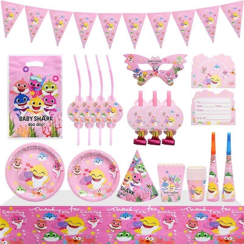 Pack Vaisselle Anniversaire Baby Shark Rose – 102 Pièces