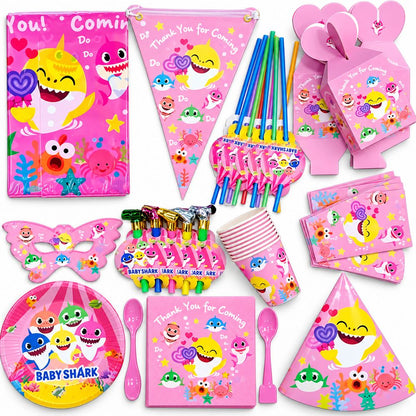 Pack Vaisselle Anniversaire Baby Shark Rose – 102 Pièces