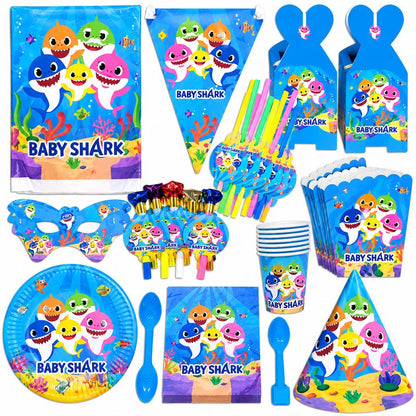 Pack Vaisselle Anniversaire Baby Shark Bleu - 102 pièces