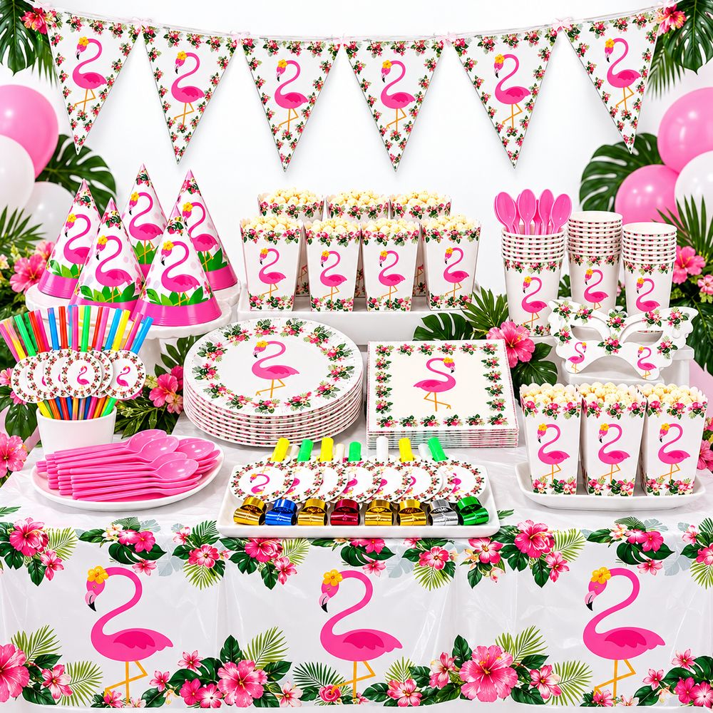 Pack Vaisselle Anniversaire Flamant Rose – 92 Pièces