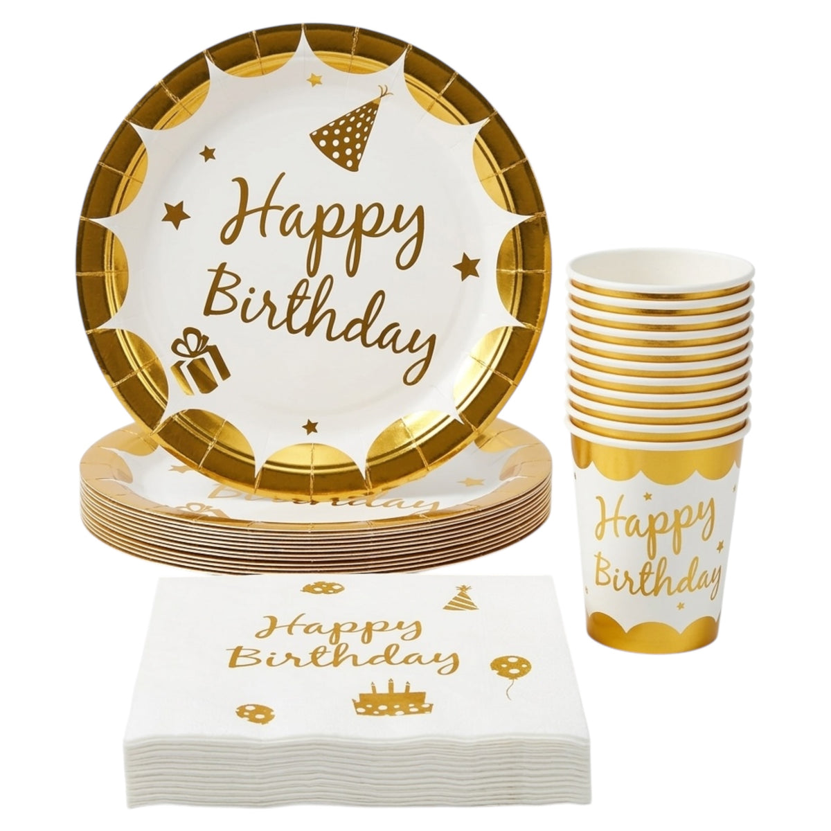 Pack Vaisselle Happy Birthday - Doré