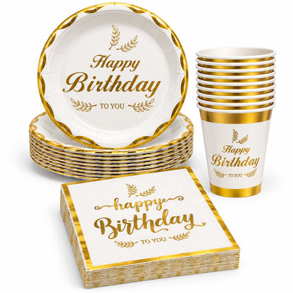 Pack Vaisselle Happy Birthday Blanc et Doré – 30 Pièces