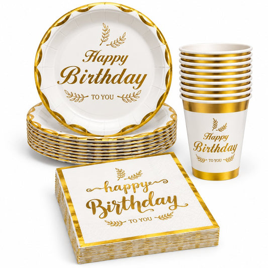 Pack Vaisselle Happy Birthday Blanc et Doré – 30 Pièces