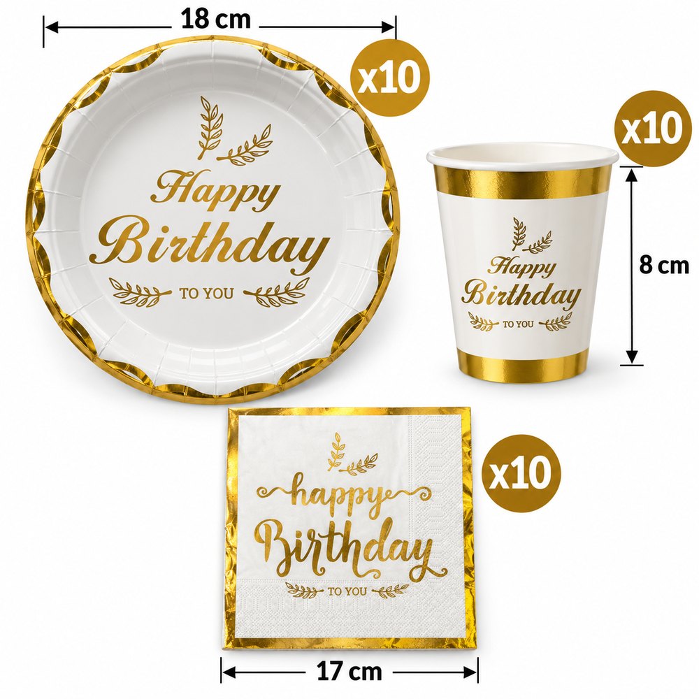 Pack Vaisselle Happy Birthday Blanc et Doré – 30 Pièces