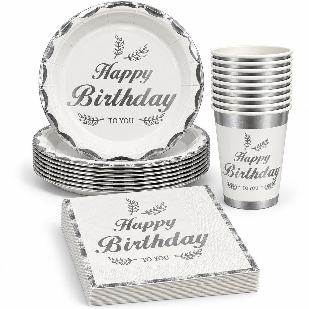 Pack Vaisselle Happy Birthday Blanc et Argenté – 30 Pièces