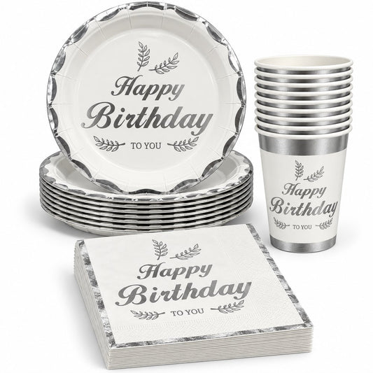 Pack Vaisselle Happy Birthday Blanc et Argenté – 30 Pièces