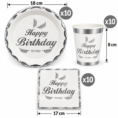 Pack Vaisselle Happy Birthday Blanc et Argenté – 30 Pièces