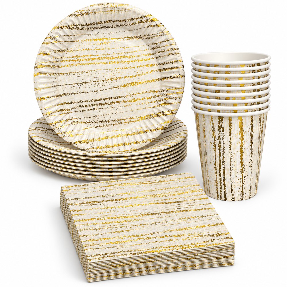 Pack Vaisselle Blanc et Doré Effet Texturé – 30 Pièces